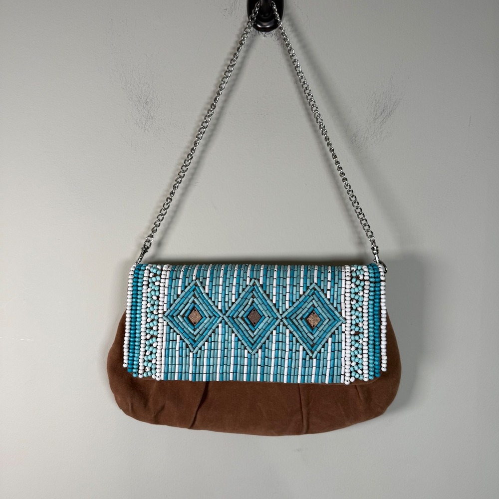 Chico's Western Turquoise Beaded Aztec Brown Clutch Shoulder Purse